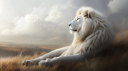 Majestic White Lion Resting In Serene Savanna Landscape