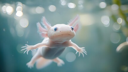 Albino Axolotl swimming in an aquatic environment