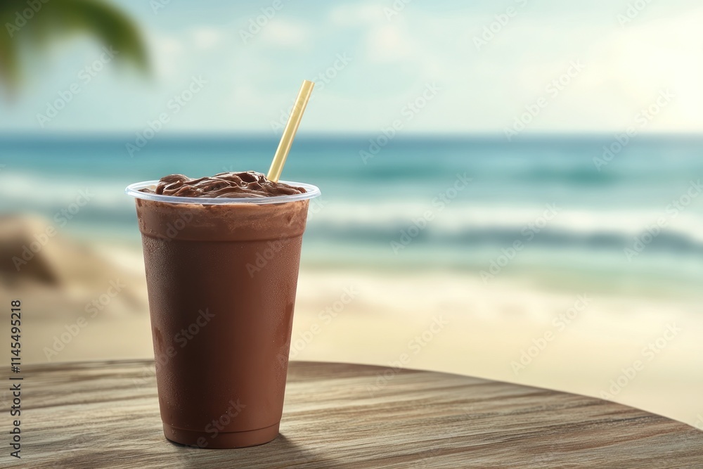 Poster a refreshing chocolate drink sits on a table with a beach view in the background.