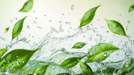 Green tea leaves with drink splash drops. Herbal water wave. Vector refreshing and invigorating dynamic movement of organic