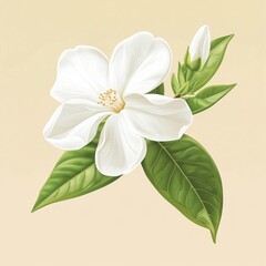A detailed illustration of a white flower with green leaves on a soft background.