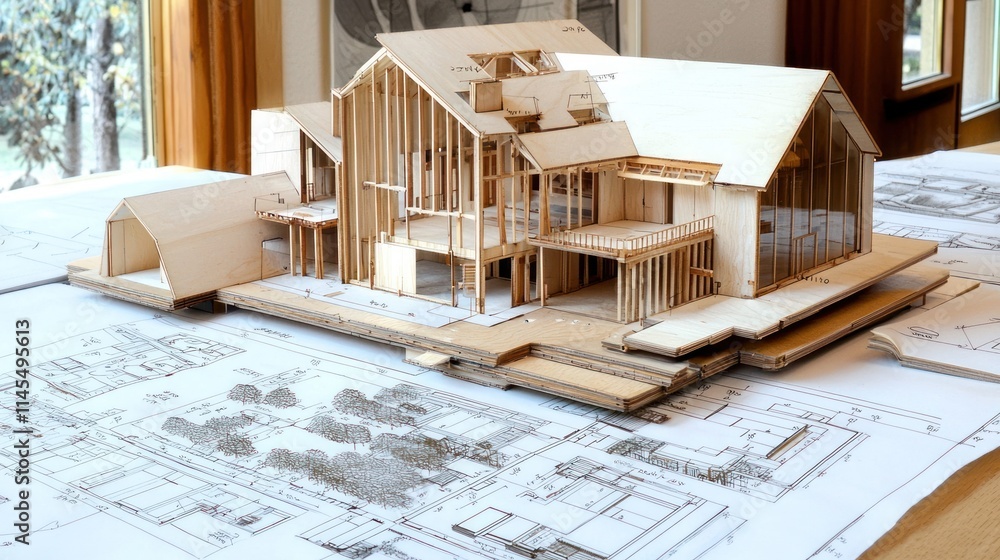 Aufkleber architectural model displayed on blueprints, showcasing design and structural elements.