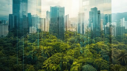 green city - double exposure of lush green forest and modern skyscrapers windows