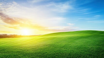 Serene Green Landscape at Sunrise with Blue Sky and Gentle Clouds on a Calm Horizon, Perfect for Nature and Outdoor Themes