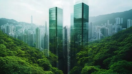 green city - double exposure of lush green forest and modern skyscrapers windows
