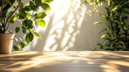 Obraz premium A serene indoor scene with plants and soft light casting shadows on a wooden table.