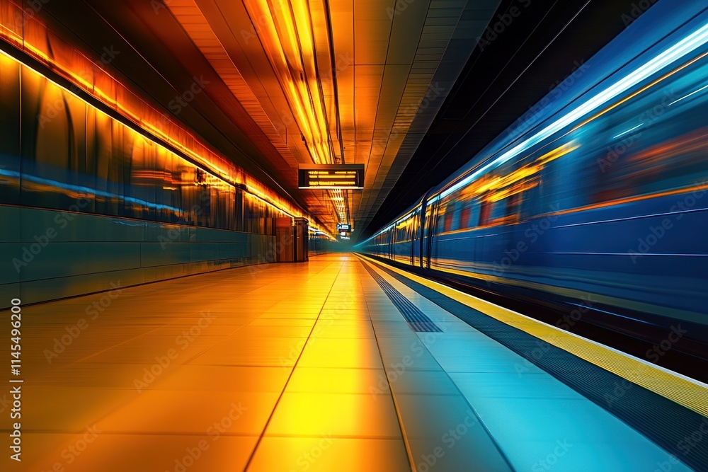 Poster a vibrant subway station with a speeding train, showcasing dynamic lighting and perspective.