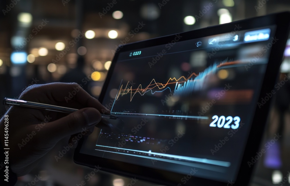 Poster a hand using a stylus on a tablet displaying a financial graph for 2023.