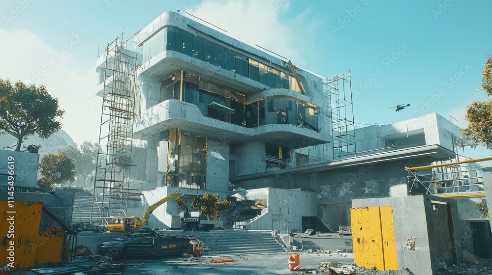 Poster modern architectural structure under construction with scaffolding and machinery visible.