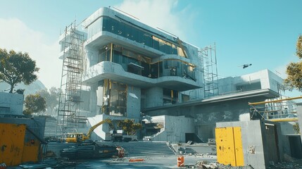 Modern architectural structure under construction with scaffolding and machinery visible.