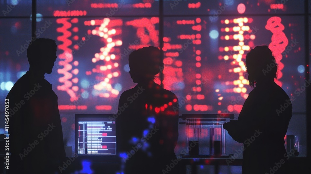Poster silhouetted figures in front of a digital data display, suggesting analysis or collaboration.