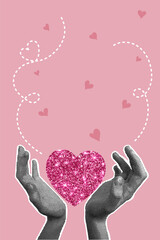 Trendy halftone collage. Postcard in collage style for valentine's day, march 8. Image of hands with a heart made of sequins. Trendy retro collage from the 90's. Vector illustration