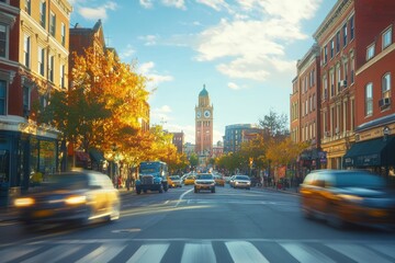 A bustling city street in autumn with vibrant trees and a clock tower in the distance.