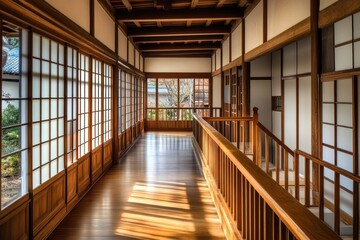 A serene hallway with wooden architecture and sliding doors, showcasing natural light.