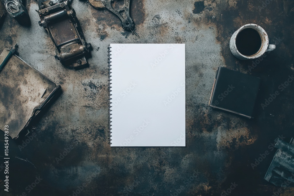 Poster a blank notebook on a rustic table surrounded by tools and a coffee cup.