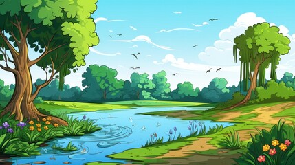 Serene River Flows Through Lush Green Landscape