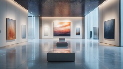 Modern Gallery Featuring Abstract Paintings and Minimalist Design