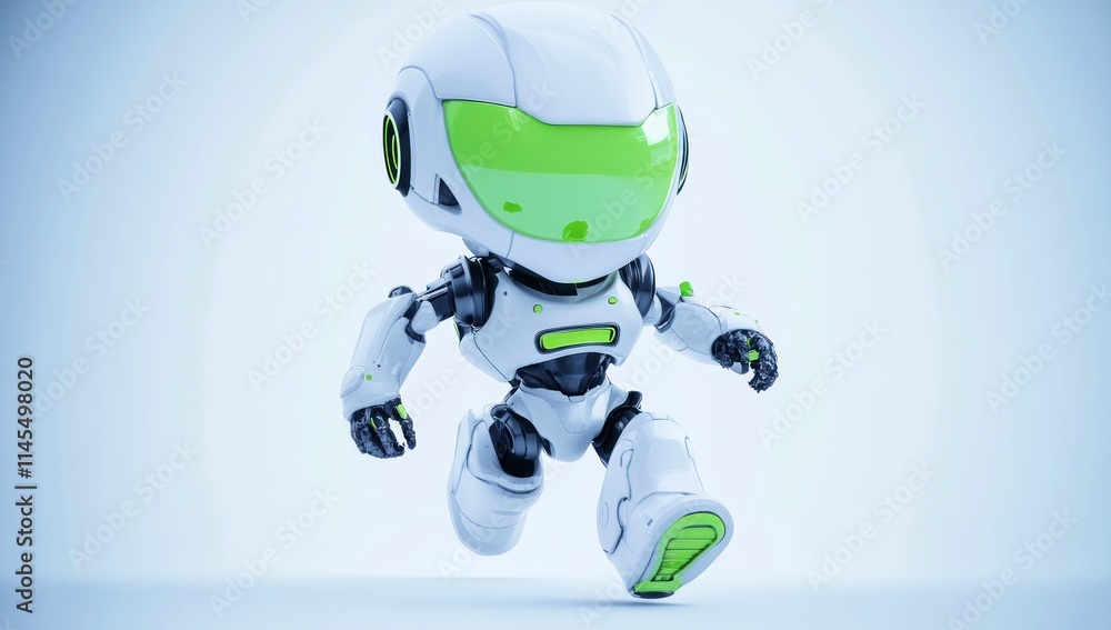 Poster a small, futuristic robot character running, designed for playful or technological themes.
