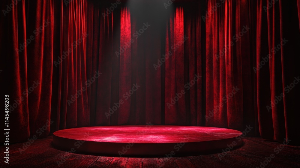 Poster a dimly lit stage with red curtains, creating an atmosphere for performances.