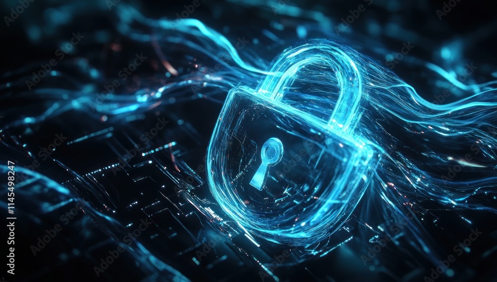 Aufkleber a digital lock symbolizing cybersecurity and data protection in a futuristic setting.