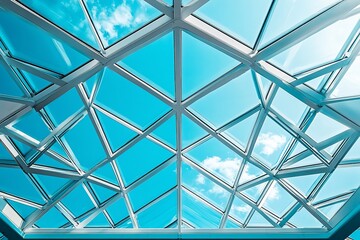 Skylight view, geometric glass ceiling, modern architecture.