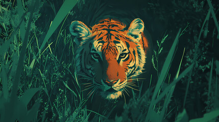 Tiger in grass close-up. Feral. Illustration