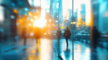 Fototapeta premium A blurred urban scene with people walking in a modern glass building at sunset.