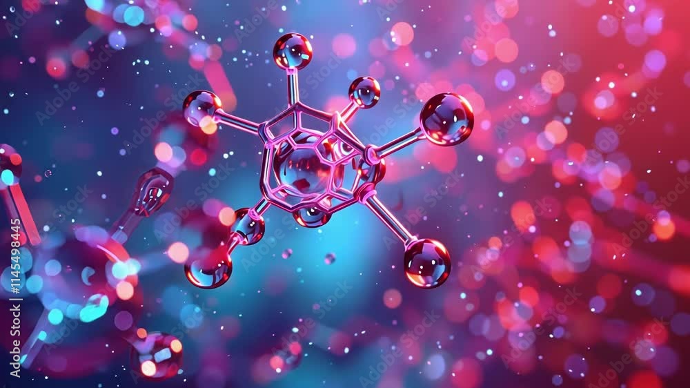 Poster glass molecule structure rotating in a colorful bokeh background, creating a visually appealing repr