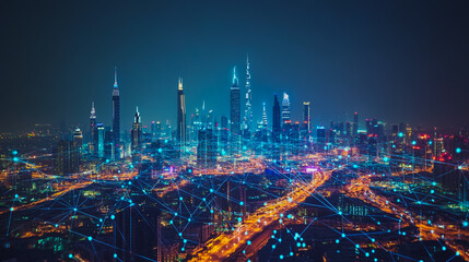 Fototapeta premium Smart digital Innovation city with connection network reciprocity over the cityscape. of future smart wireless city and social media networking systems that connects business people with in city