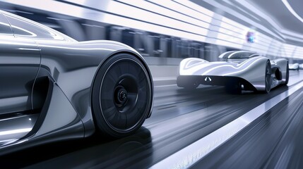 Sleek modern car seamlessly merging with another on futuristic highway, symbolizing technological integration and innovation in automotive design and transportation advancements.	