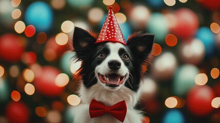 A joyful dog wearing a party hat and bow tie, set against a colorful festive background.