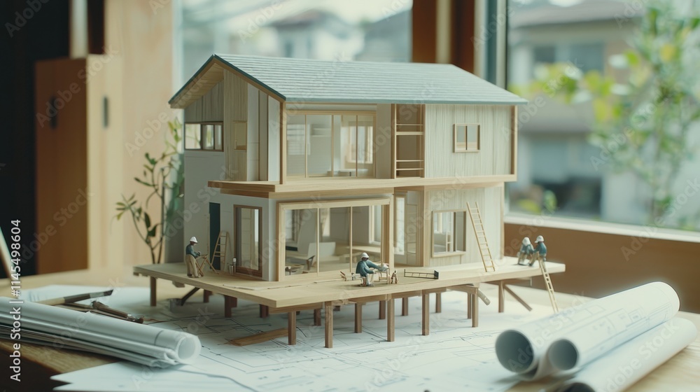 Poster a detailed architectural model of a modern house on a table with blueprints and workers.