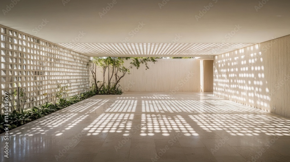Poster a minimalist architectural space with patterned light and greenery.
