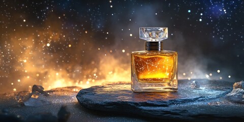 A luxurious perfume bottle set against a cosmic backdrop of stars and glowing elements.