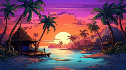 Tropical Sunset Scene with Hut and Palm Trees