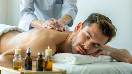 Fototapeta premium Close Up Portrait of Man Enjoying Holistic Massage with Essential Oils