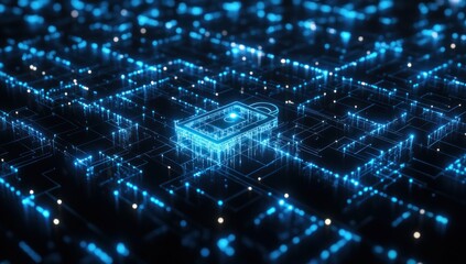 Obraz premium A digital padlock surrounded by glowing data points, symbolizing cybersecurity and protection.