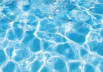 Crystal Clear Water Surface of a Swimming Pool with Sunlight Reflections Creating Beautiful Patterns in Vibrant Blue Shades Under a Clear Sky