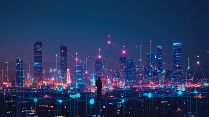 Naklejka premium Smart digital Innovation city with connection network reciprocity over the cityscape. of future smart wireless city and social media networking systems that connects business people with in city