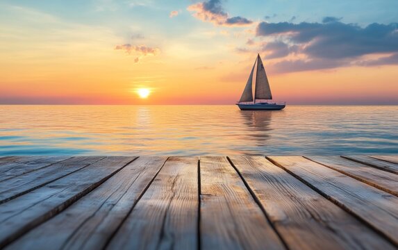 A serene sunset over water with a sailboat and wooden dock in the foreground.