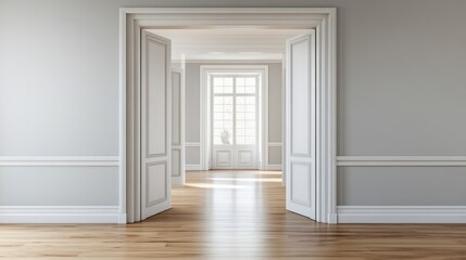 Obraz premium A spacious room with open doors leading to a bright area illuminated by natural light.