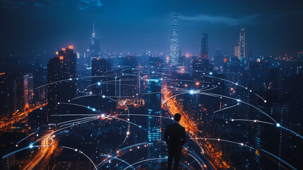 Smart digital Innovation city with connection network reciprocity over the cityscape. of future smart wireless city and social media networking systems that connects business people with in city