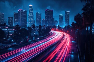 Obraz premium Nighttime cityscape with illuminated skyscrapers and light trails on a highway.