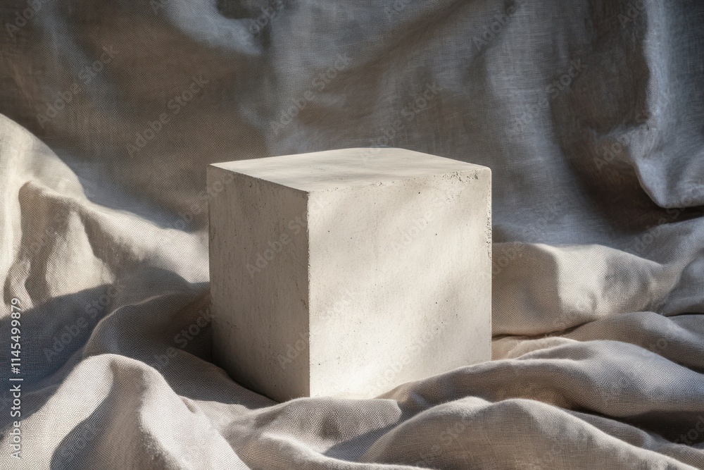 Poster a minimalist concrete cube resting on soft fabric, highlighting texture and light interplay.
