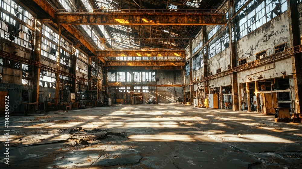 Poster an abandoned industrial space with large windows and rusted structures.
