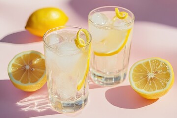 Fototapeta premium Two refreshing lemonades with ice and lemon slices on a pink background.