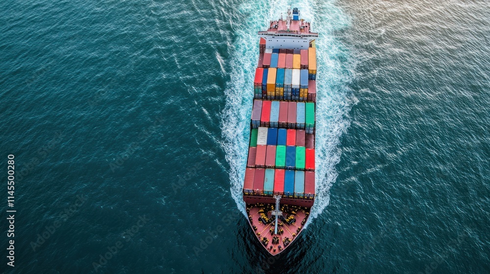 Poster aerial view of a cargo ship loaded with colorful containers navigating through water.