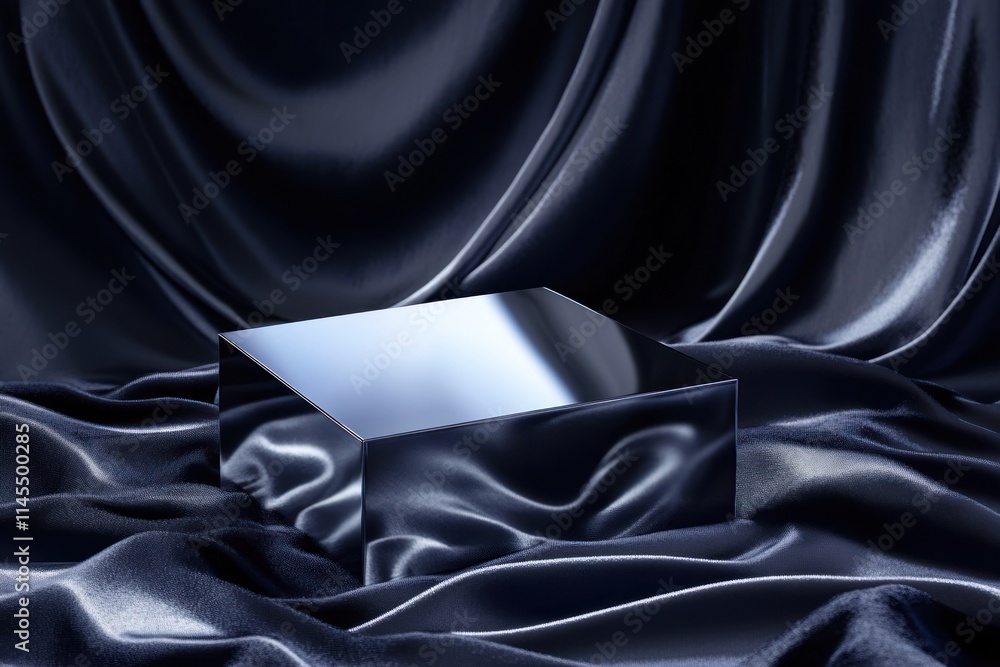 Aufkleber a reflective rectangular object resting on dark, silky fabric, creating a serene composition.