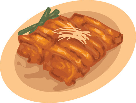 cooked food on plate, orange, green garnish clip art preview