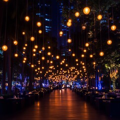 Nighttime Cityscape with Hanging Lights and Walkway